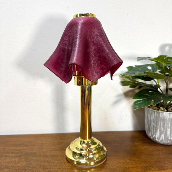 Fairy Light Partylite Cranberry Corroso Art Glass Tealight Lamp Brass 11.5" vtg - Picture 3 of 9